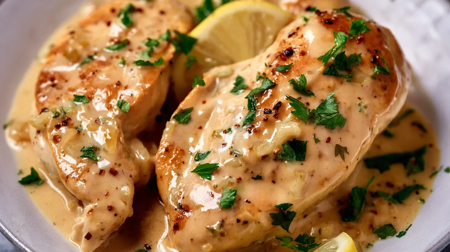 Tender pieces of creamy chicken prepared in a slow cooker.