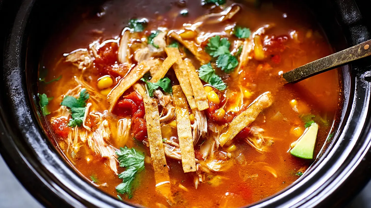 Hearty Chicken Tortilla Soup made in a Crock Pot, garnished with fresh cilantro.