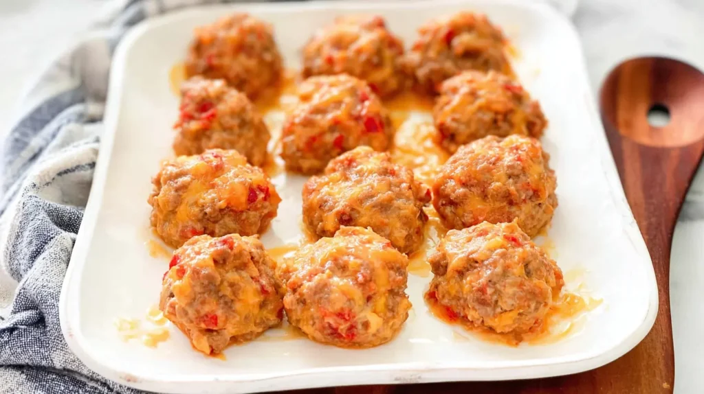 Delicious Rotel cream cheese sausage balls arranged for serving