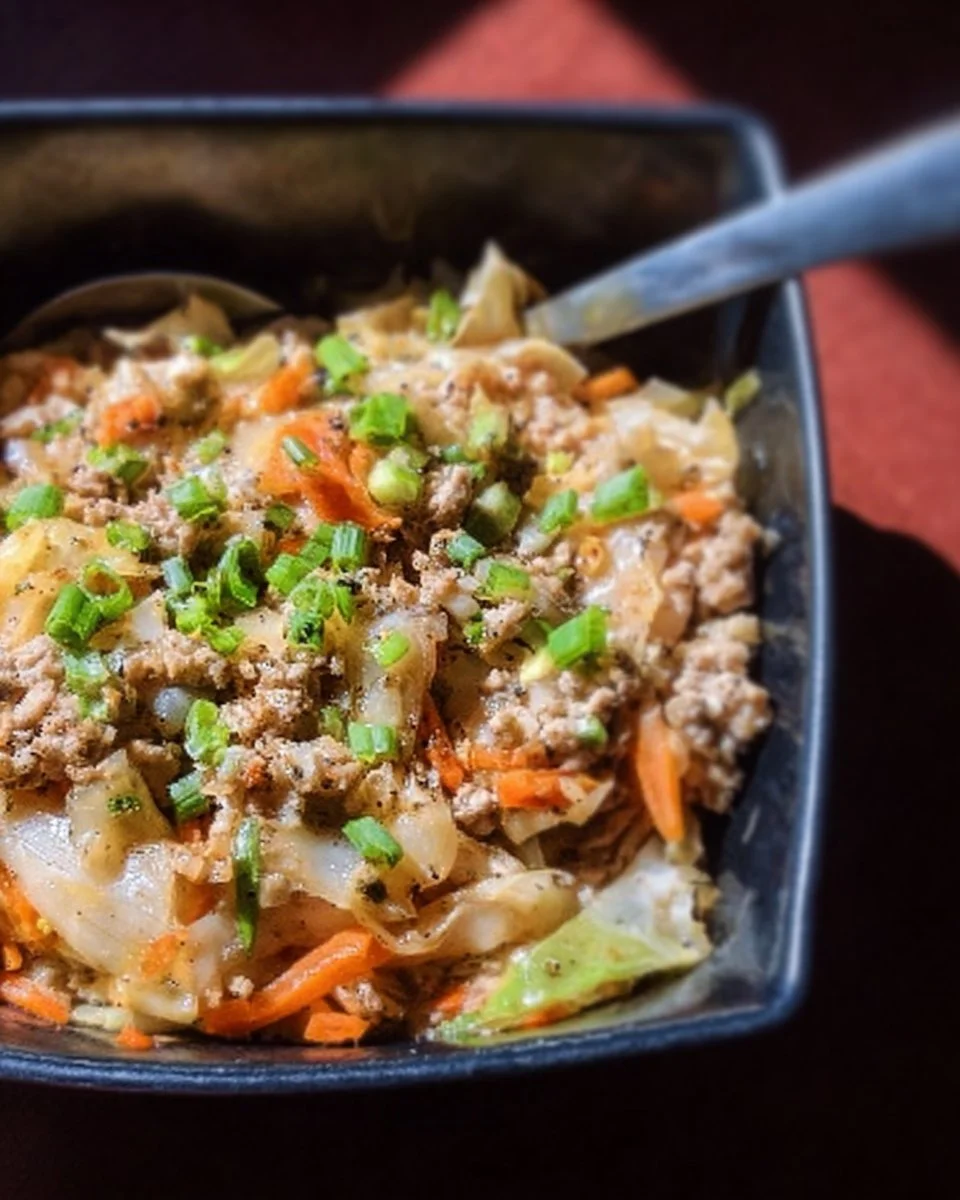 Delicious egg roll in a bowl recipe with fresh vegetables and savory meat.