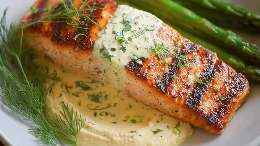 Succulent grilled salmon topped generously with rich creamy Dijon.