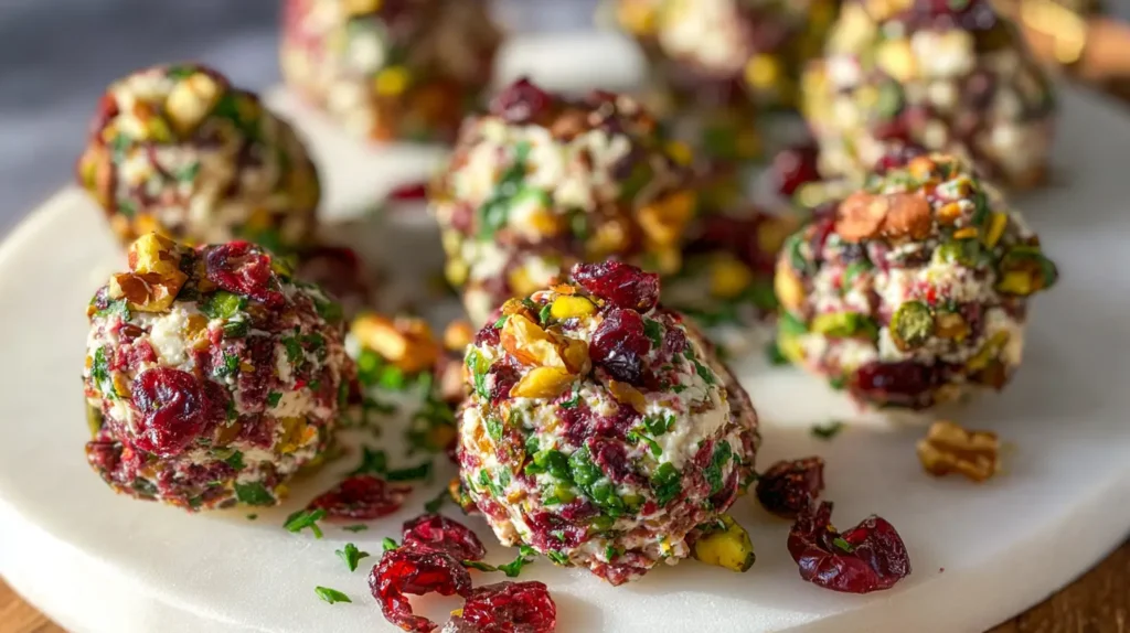 Assorted holiday cheese balls ready to be served on a wooden board.