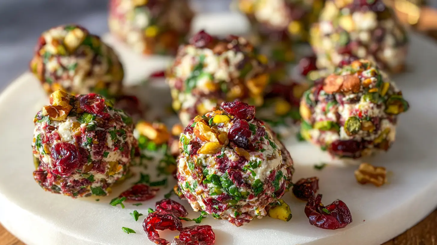 Assorted holiday cheese balls ready to be served on a wooden board.