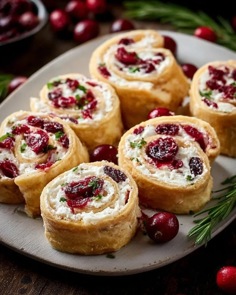 Festive Christmas Cranberry Roll Ups on a holiday serving platter