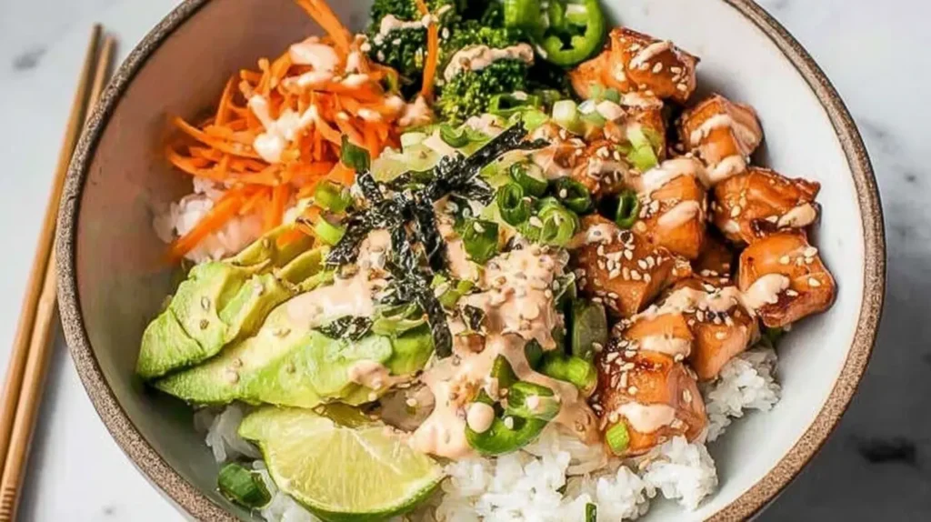 Close-up of a delicious crispy salmon rice bowl, perfectly garnished.
