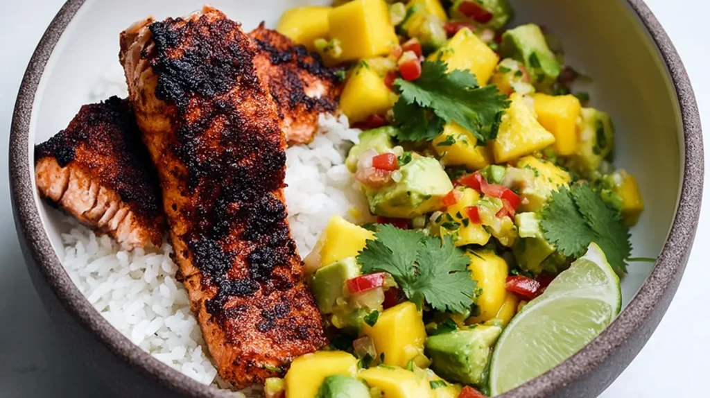 Grilled salmon bowls topped with fresh mango avocado salsa and herbs.