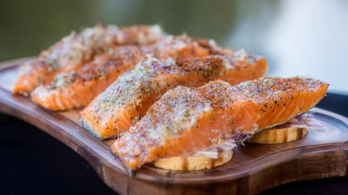 Fresh smoked salmon elegantly arranged on a serving board