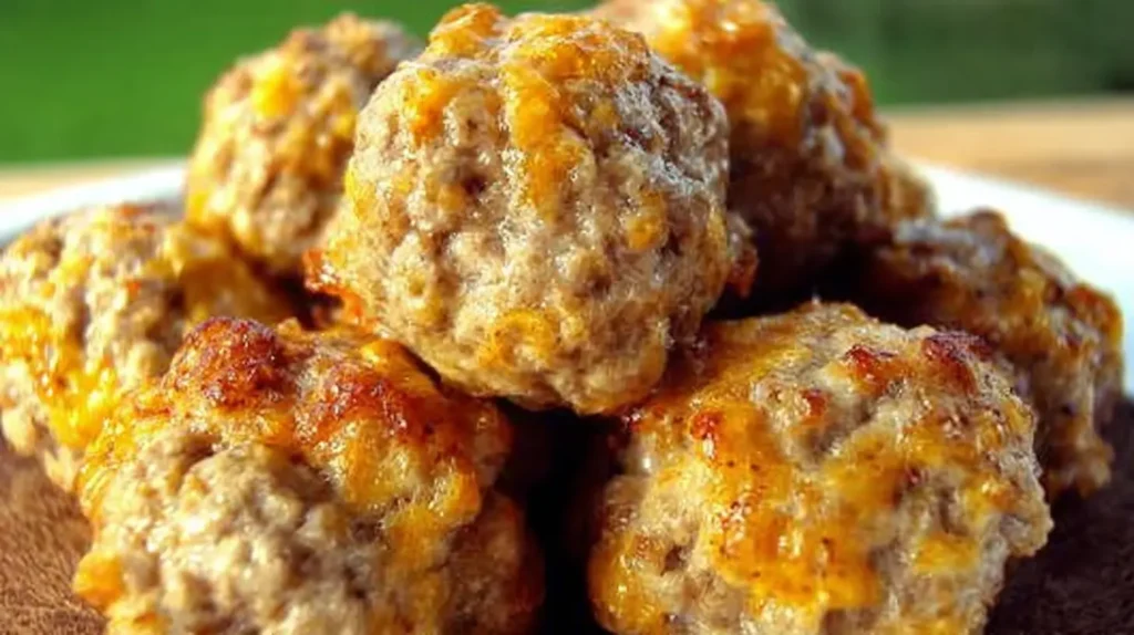 Freshly baked cream cheese sausage balls cooling on a wire rack.