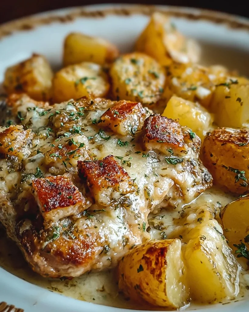 Delicious Garlic Parmesan Chicken with potatoes cooked in a crockpot.