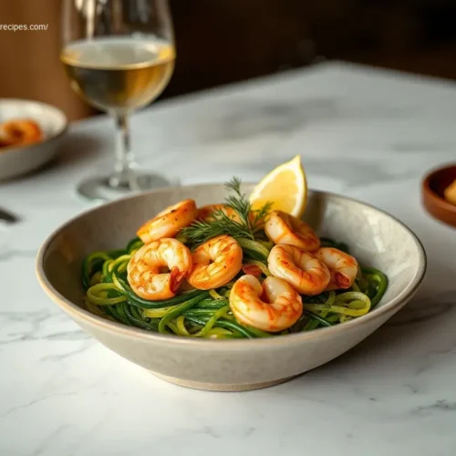 Delicious Garlic Shrimp and Zucchini Noodles overhead