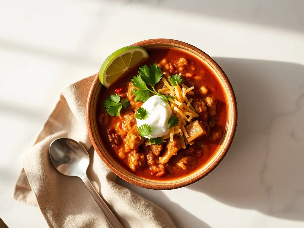 Delicious Gluten-Free Chicken Chili in a rustic bowl