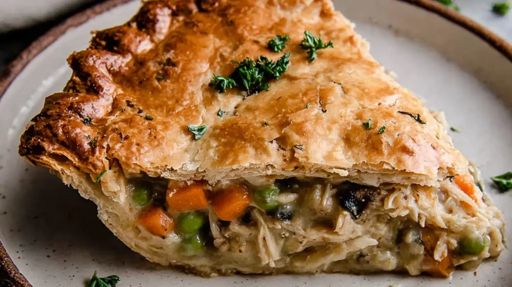 Close-up of a homemade chicken pot pie, steaming hot