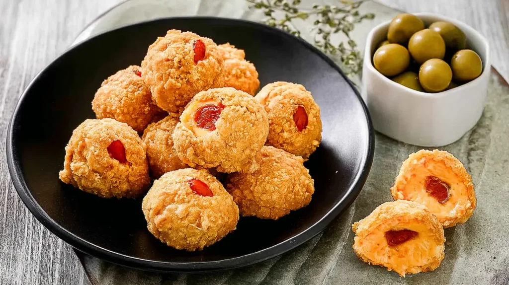 Freshly made olive cheese balls cooling on a rack.