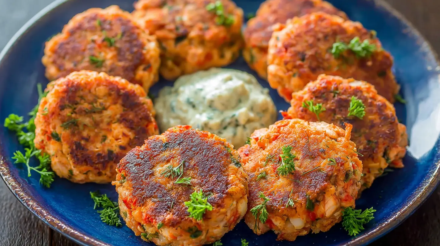 Crispy pan-fried salmon cakes served with a lemon wedge