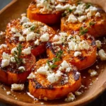 Gourmet honey feta sweet potato rounds garnished with herbs
