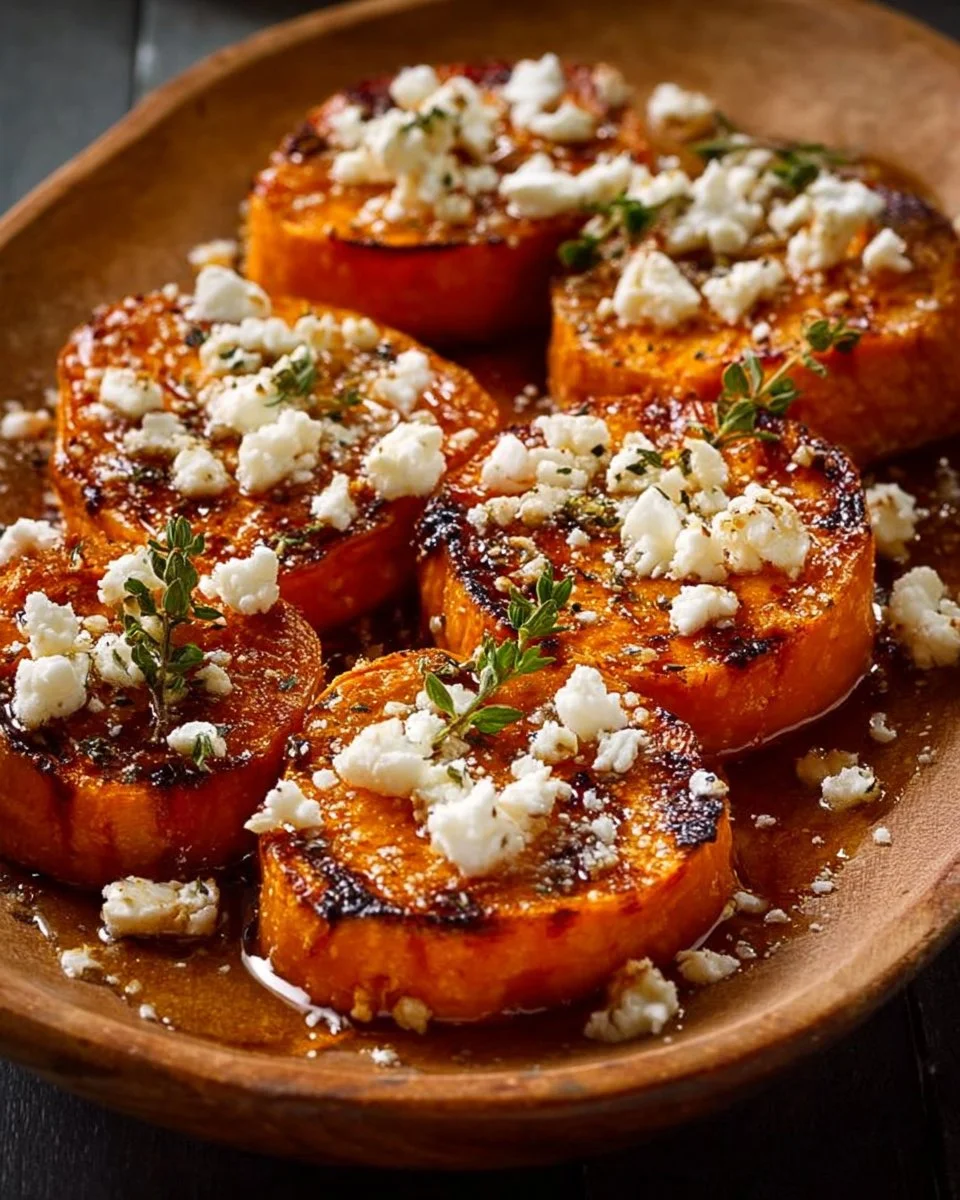 Gourmet honey feta sweet potato rounds garnished with herbs