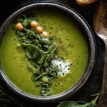 Bowl of Green Goddess Herb Soup garnished with fresh herbs and vegetables.