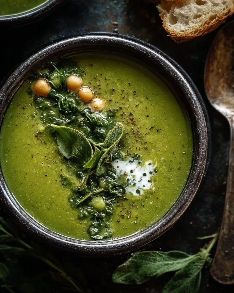 Bowl of Green Goddess Herb Soup garnished with fresh herbs and vegetables.
