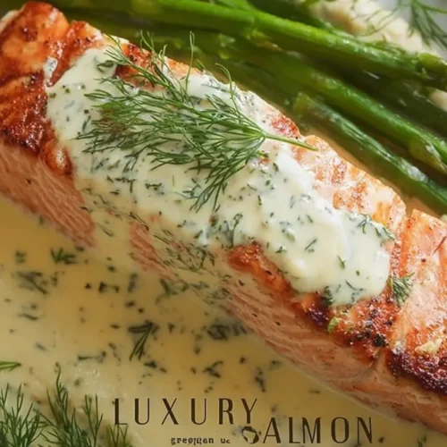 Plate of grilled salmon fillet with luxurious creamy Dijon sauce.