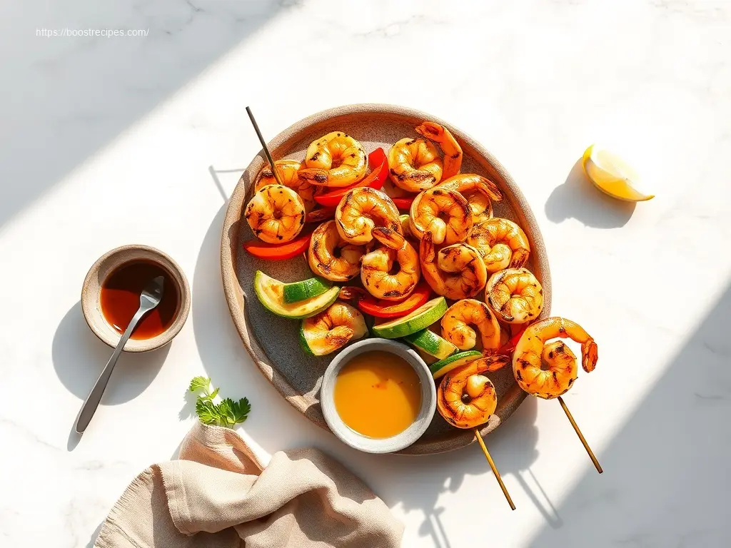 Delicious Grilled Shrimp and Veggie Skewers flatlay