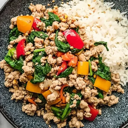 A colorful ground turkey stir fry dish in a white bowl with mixed vegetables