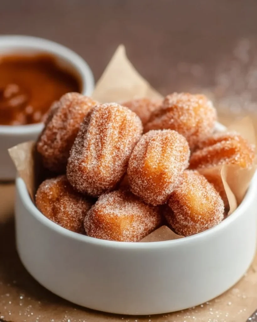 Healthy air fryer churro bites served on a plate, dusted with cinnamon sugar.