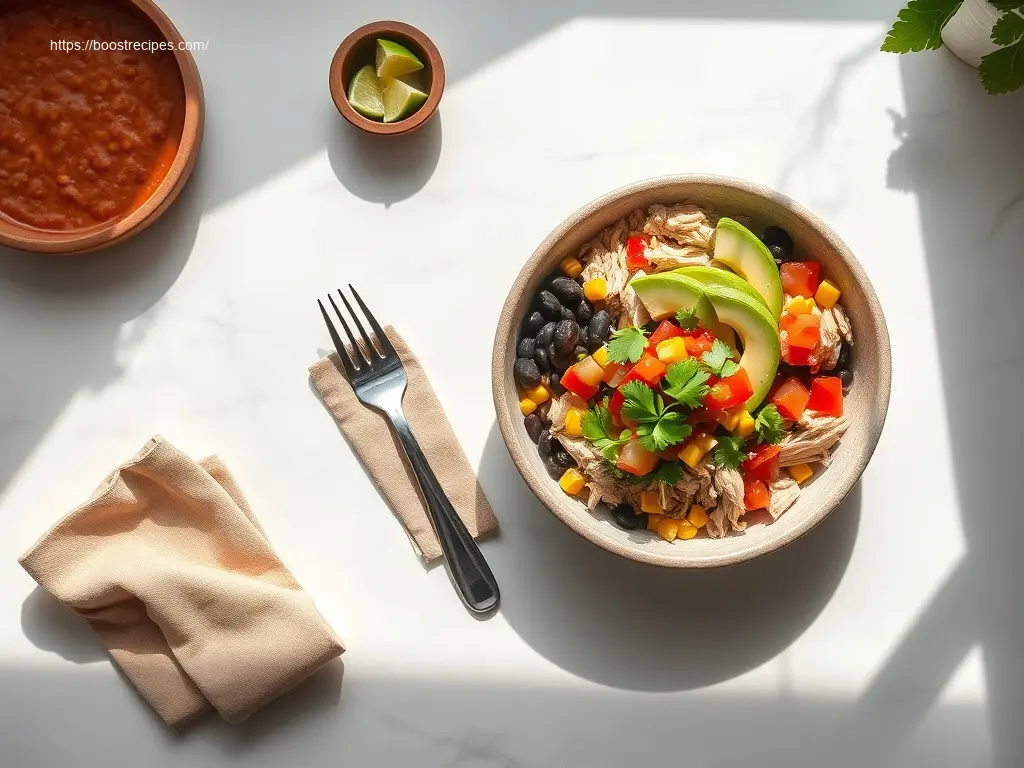 Healthy Crockpot Chicken Burrito Bowls overhead view