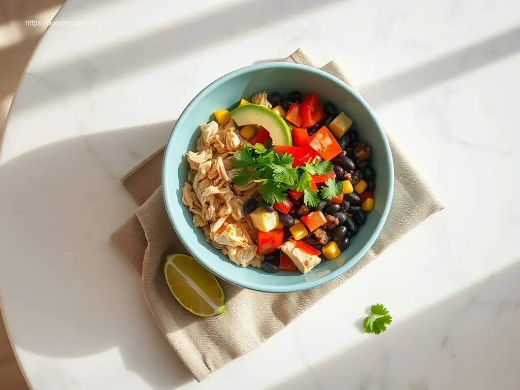 Healthy Crockpot Chicken Burrito Bowls overhead view