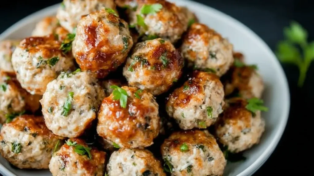 Golden-brown ground turkey meatballs arranged on a plate.