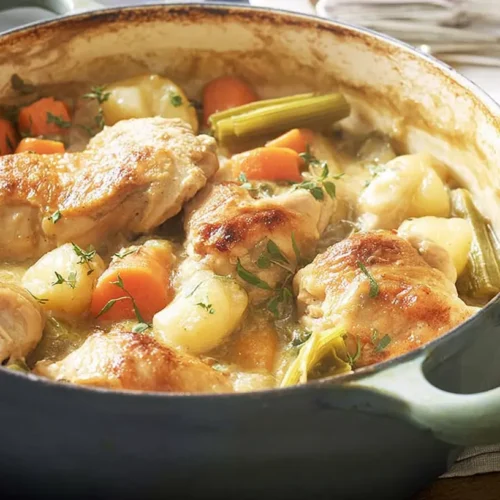 A bubbling golden-brown chicken casserole in a ceramic baking dish.