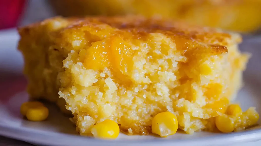 Close-up of a steaming hot cornbread casserole with a crispy top.