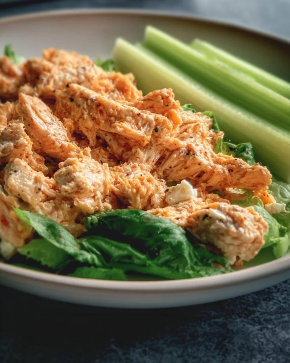High protein buffalo chicken salad recipe that's healthy and easy to make.
