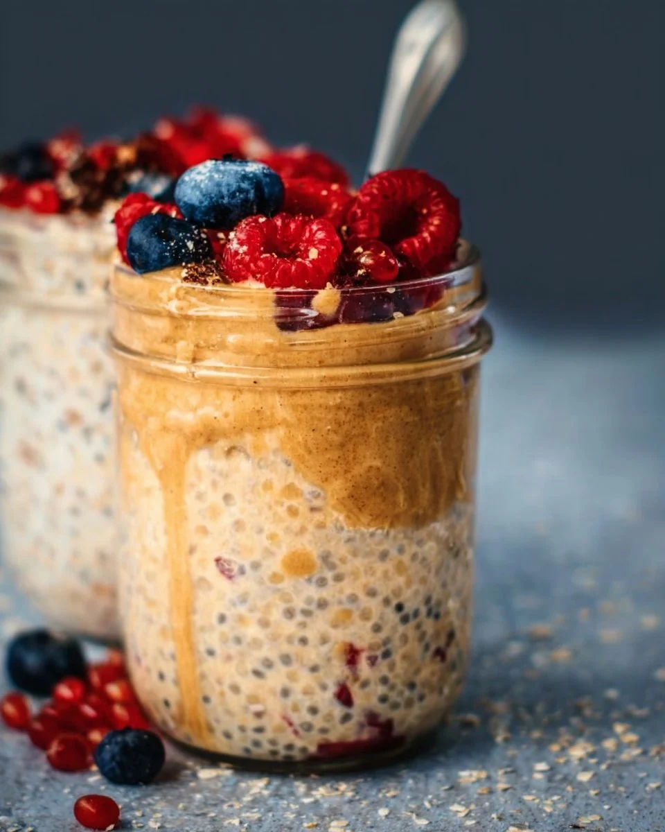 Bowl of high-protein overnight oats topped with fruits and nuts
