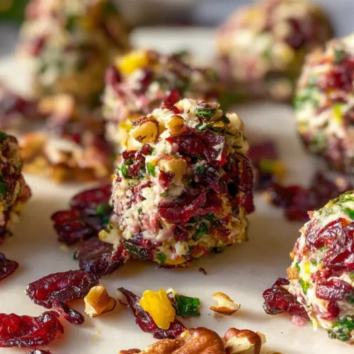 A vibrant platter of holiday cheese balls, garnished with herbs and nuts.
