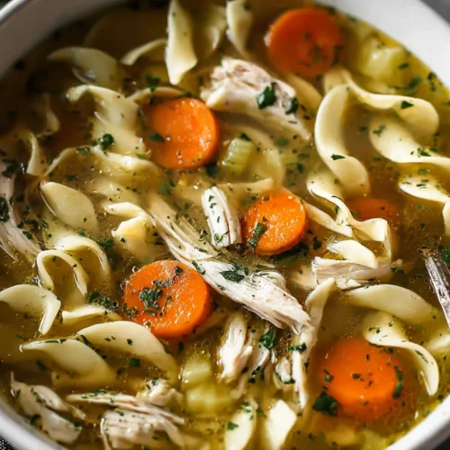 A steaming bowl of homemade chicken noodle soup with fresh parsley.