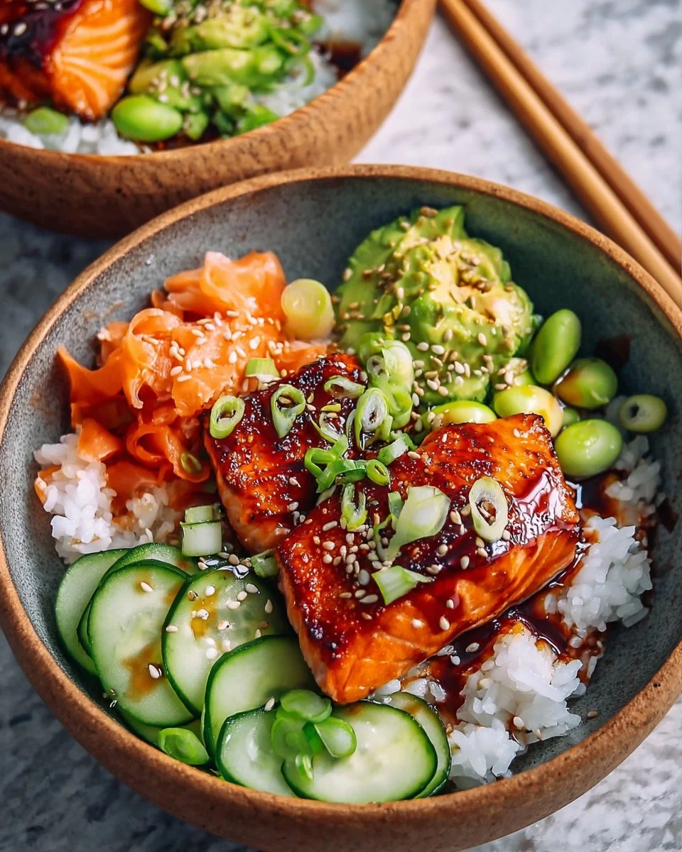 Delicious Honey Sriracha Salmon Bowl topped with fresh vegetables and herbs