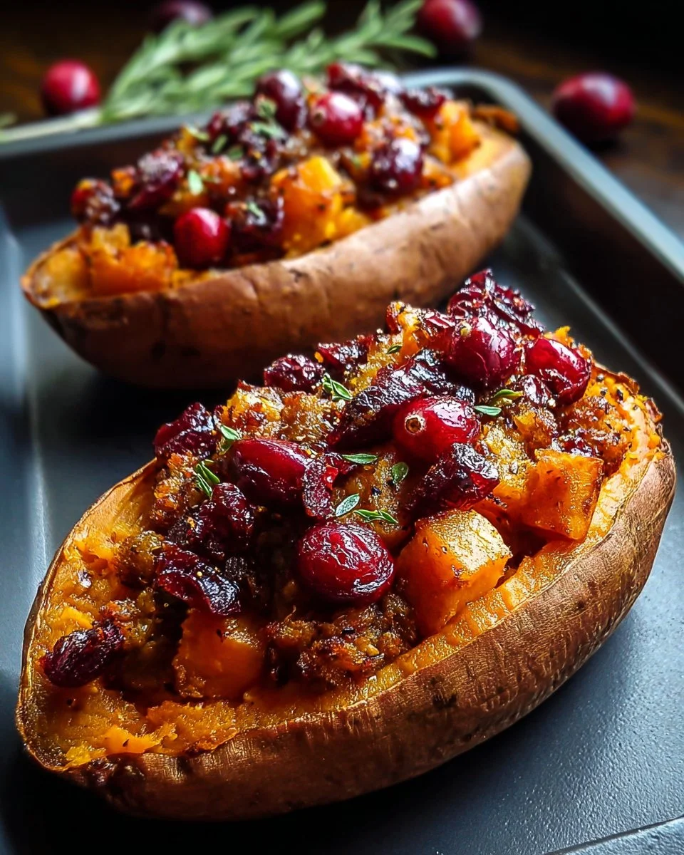 Cranberry apple twice-baked sweet potatoes topped with nuts