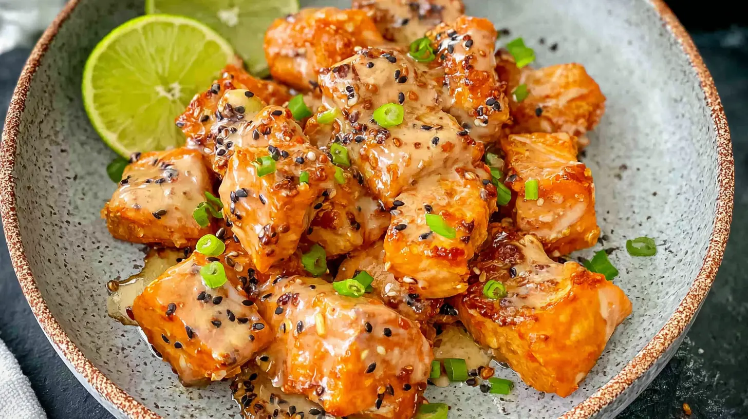 Deliciously prepared Bang Bang Salmon fillets with a vibrant orange sauce.