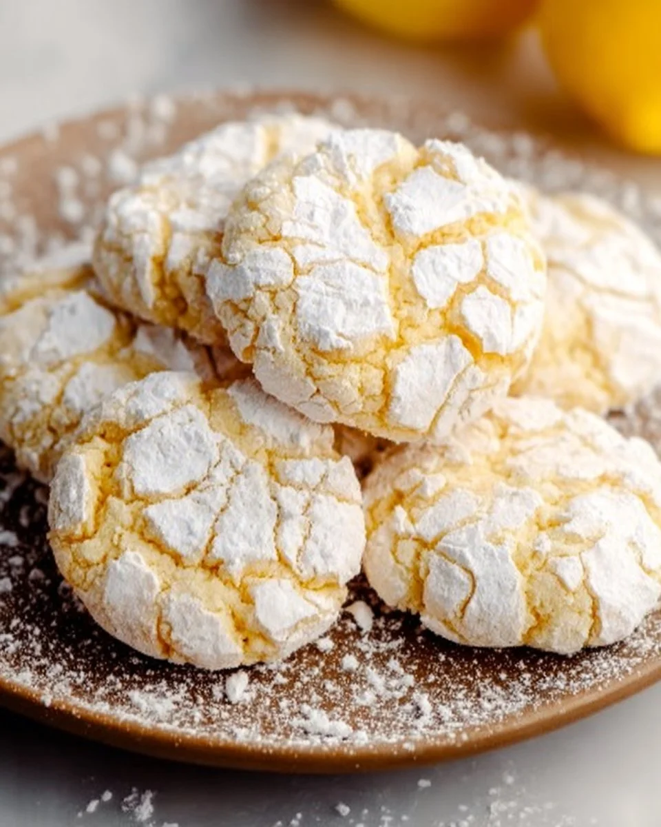 Plate of delicious homemade Lemon Crinkle Cookies dusted with powdered sugar