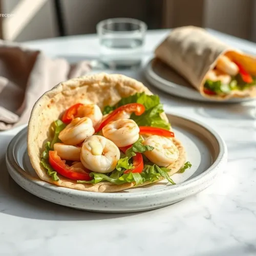 Delicious Mediterranean Shrimp Pita Wraps on a white marble table