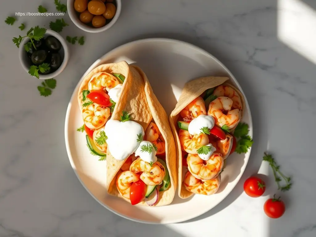 Delicious Mediterranean Shrimp Pita Wraps on a white marble table