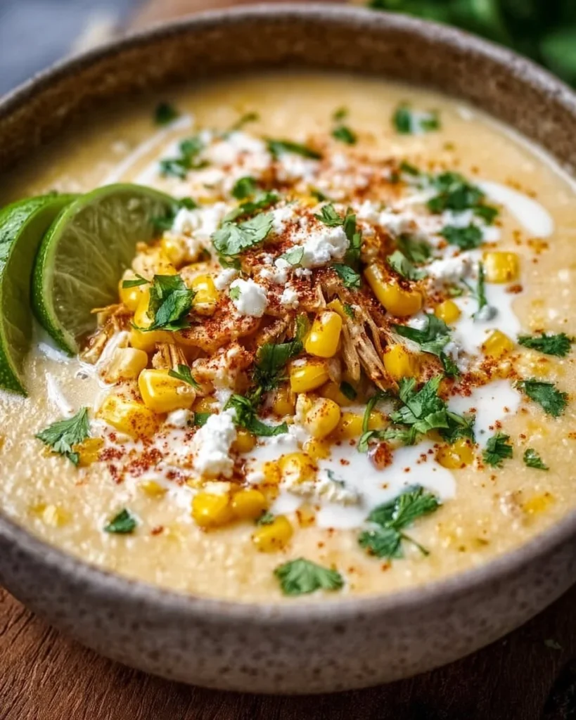 Bowl of Mexican street corn soup topped with cilantro and lime