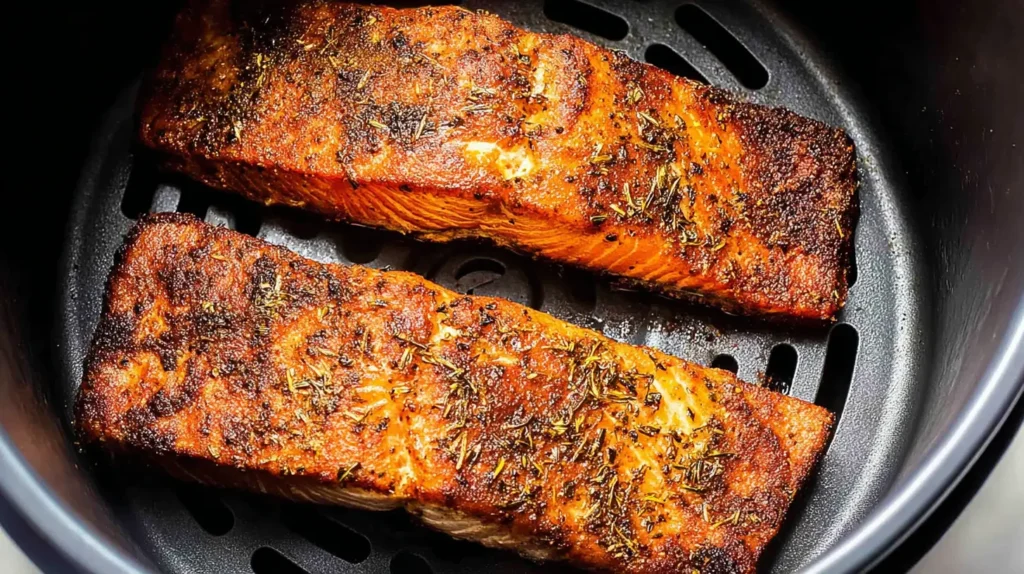 Delicious Air fryer Salmon garnished with herbs.