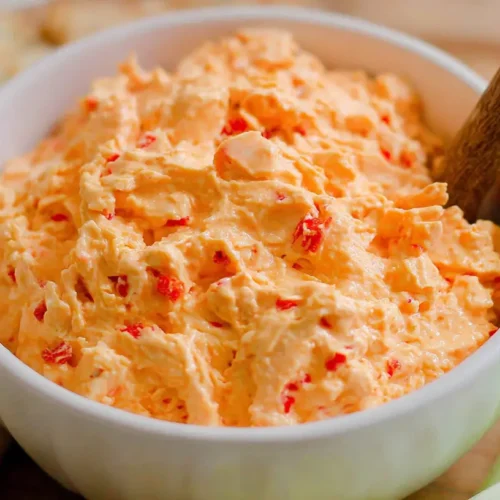 A detailed pimento cheese recipe card with ingredients and steps.