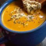 Bowl of protein-packed butternut squash soup topped with herbs