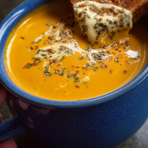 Bowl of protein-packed butternut squash soup topped with herbs