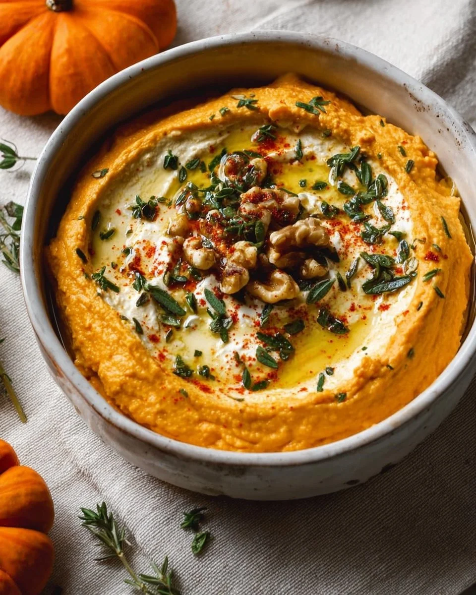 Creamy pumpkin whipped feta dip served in a bowl with a sprinkle of herbs
