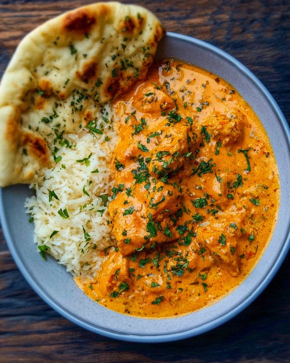 Delicious homemade butter chicken served with rice and naan