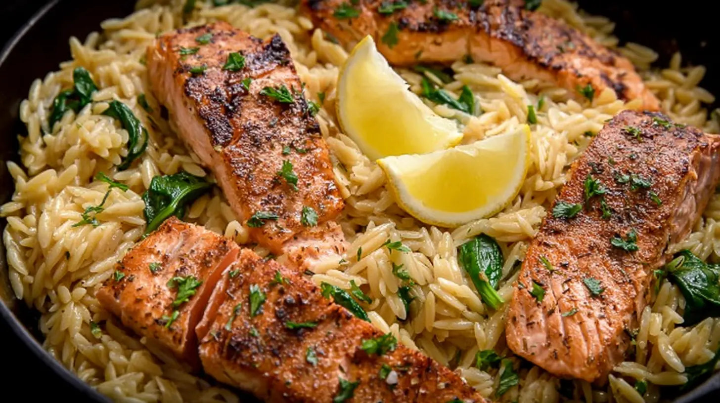 Perfectly cooked seared salmon accompanied by a fresh side of lemon orzo.
