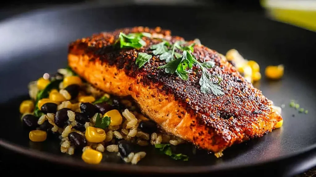 A succulent blackened salmon portion on a white plate, ready to serve.